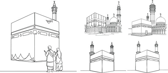 Fototapeta premium Line art depictions of the kaaba and surrounding islamic architecture