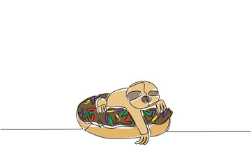 Fototapeta premium One line drawing of adorable sloth features slow forest animal sitting inside sprinkled donut for pastry food concept. Colorful art is ideal for nursery poster purpose and kids bedroom decoration art