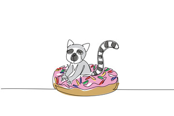 Continuous line draw of adorable lemur for pastry food concept features cute stripped tail animal sitting inside sprinkled donut. Colorful art for kids wall decor purpose with playful jungle primate © Simple Line