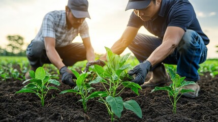 Fototapeta premium Farmers cultivating young plants in a field agricultural setting close-up greenery sunrise light sustainable practices
