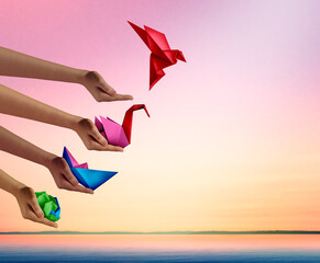 Creativity And success as changing for success as a leadership and business change through innovation and evolution of ability as a crumpled paper transforming into a boat then a swan and a flying bir