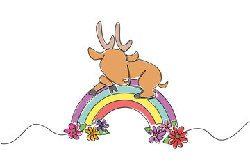 Fototapeta premium Cute animal laying down on the rainbow featuring a deer in a continuous line drawing style. Nature concept design shows the wildlife creature relaxing among the colorful garden flowers