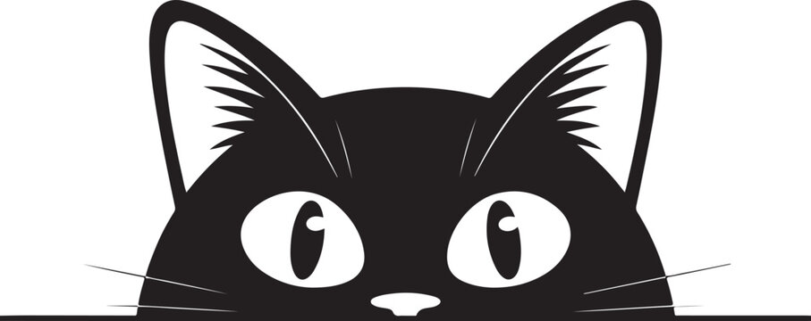 Peeking black cat head with wide eyes and pointed ears hiding behind horizontal line vector graphic