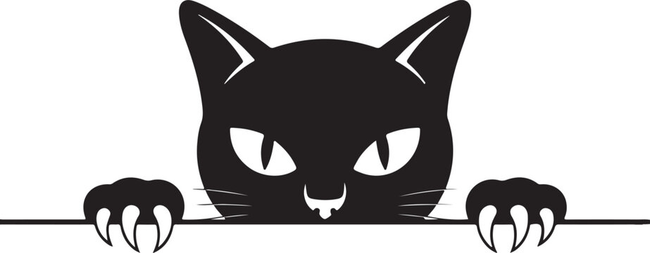 Angry black cat peeking with sharp claws and yellow eyes staring from bottom edge vector illustration