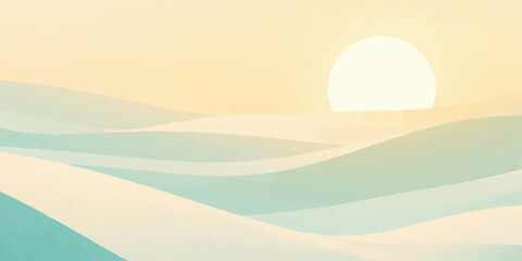 A vibrant nature landscape illustration featuring an orange summer sunset over the beach, sea, and desert sand with clouds along the horizonWould you like me to generate an image based on this descr