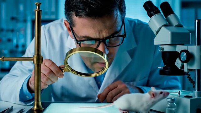 A scientist in a lab coat examines a white mouse with a magnifying glass. A microscope and other laboratory equipment are visible in the background.