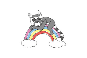 Single line drawing playful lemur with a long, ring or striped tail is shown lounging across a rainbow arc grounded by soft clouds, shows harmonious of nature. Perfect for kids merchandise design © Simple Line