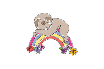 Fototapeta premium Continuous line drawing of sweet and slow moving sloth resting gracefully atop a rainbow arc, beautifully decorated with blooming flowers. Nature concept of relaxation, suitable for kids apparel