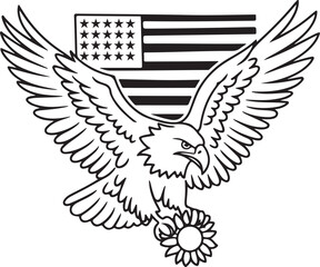Obraz premium Eagle carrying sunflower with american flag background, patriotic symbol, freedom emblem, majestic bird, powerful icon, vector design