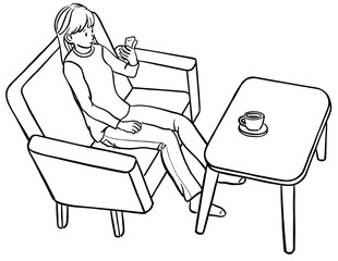 ソファーに座ってスマホをみる若い女性のイラスト　線画