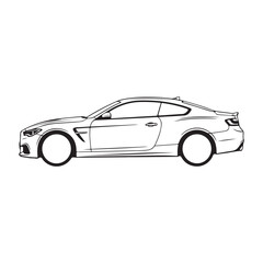 Obraz premium Sports coupe car vector outline illustration, side view, black and white line art, isolated on white