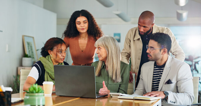 Advertising, manager or people with laptop in office, planning meeting or promotion campaign development. Feedback, branding project or marketing team together for brainstorming, launch idea or pc