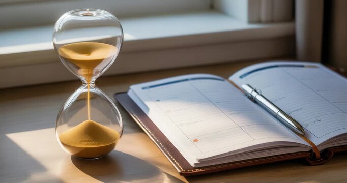 Hourglass and planner on wooden desk by window with natural light