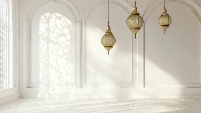 Empty room with ornate arch window and hanging lanterns casting shadows