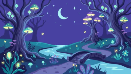 Fotobehang Warm Paars Magical Night Forest Landscape with Glowing Mushrooms, Crescent Moon, River, and Path  © mest selda blessun