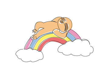 Fototapeta premium Continuous line draw of adorable slow sloth, with its long claws and perpetually serene expression, lies upside down in supine position. Perfect for inspiring joy, fun, and cheerish in children themes