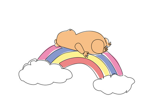Single line draw of round, chubby hamster, its paw tucked into its belly, lies in supine position. Enjoying tiny slumber on rainbow bridge that arch over sea of soft, white cotton cloud in a warm sky
