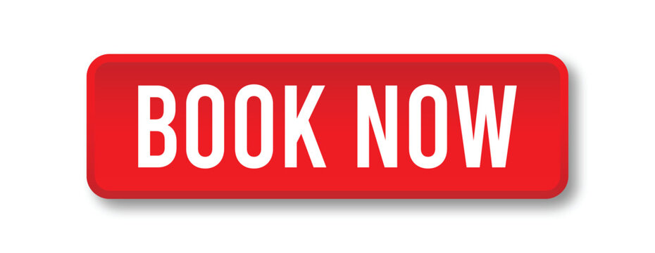 Book Now button with red 3D style for travel booking, service reservation and UI vector