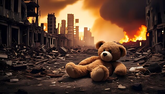 A lone teddy bear rests amidst the rubble of a war-torn city, with smoke and fire in the background