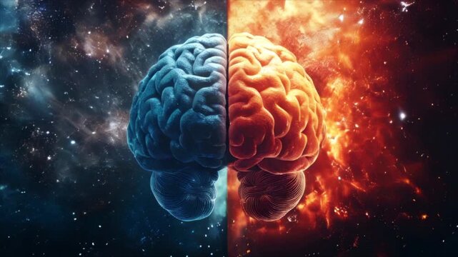 Human brain with right creative hemisphere and left logical hemisphere. AI medical, technological and scientific concept