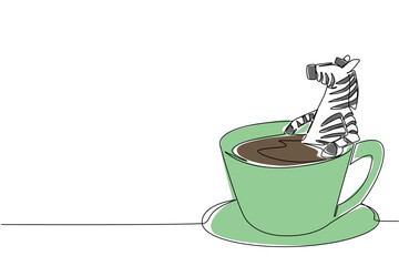 Fototapeta premium Single line drawing of adorable zebra for nature concept features cute savannah animal soaking in coffee cup. Colorful graphic celebrates an international cafe day theme with striped safari animal