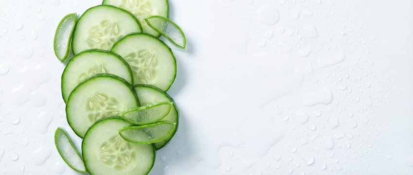 Fresh cucumber slices arranged with aloe vera leaves and water droplets on white surface. Natural ingredients for spa treatments and skincare routines. Hydrating beauty concept for relaxation and