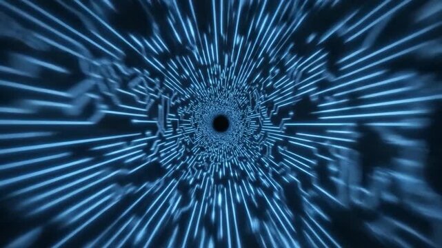 Digital tunnel with glowing blue lines receding into a dark void