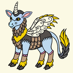 A majestic fantasy creature with a unicorn horn and pegasus wings standing on a grassy field. Vector