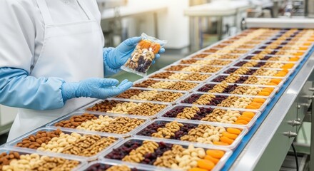 Food industry worker in blue gloves holds a packaged assortment of nuts and dried fruits on a production line