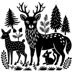 A serene forest scene with two majestic deer standing among tall trees. Vector