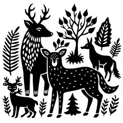 A detailed illustration of a group of deer and other forest animals in a serene woodland scene Vector