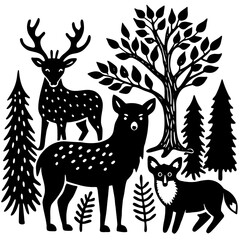 A detailed illustration of a deer family standing under a tree in a forest. Vector
