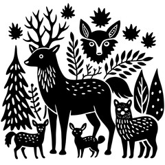 A detailed black and white illustration of a deer and other forest animals Vector