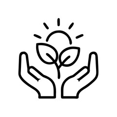 A pair of hands gently holding a growing plant with a shining sun above it. Vector
