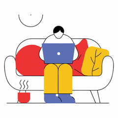 A person in a colorful outfit sits on a couch with a laptop and a coffee cup. Vector