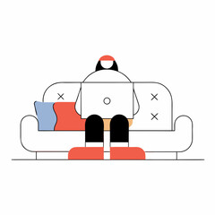 A person in a winter jacket and hat sitting on a bench with a laptop. Vector