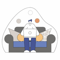 A person sitting on a couch with a laptop and a coffee mug on a table. Vector