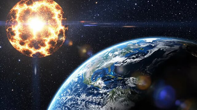 An intense, fiery celestial event looms near a vibrant blue planet, set against a vast expanse of stars. Cosmic destruction and cosmic wonder.