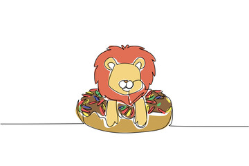 Fototapeta premium Single line drawing of adorable baby lion for sweet dessert concept features cute animal sitting inside donut. Colorful graphic celebrates international food day theme with the golden savanna cat