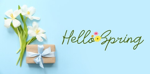 Gift box and tulip flowers on light blue background. Hello Spring © Pixel-Shot