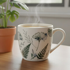Elegant botanical mug a creamy white mug with dark leaf design