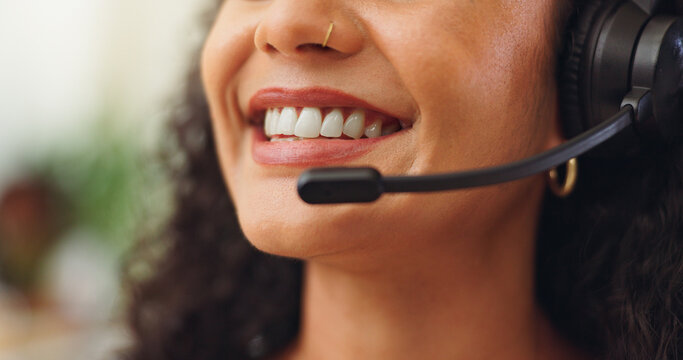 Happy, mic and mouth of woman in call center for customer service, crm or online consultation. Smile, contact us and female technical support consultant with headset for helpdesk in workplace.