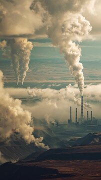 Smokestacks belch plumes of white exhaust into a hazy, golden sky over a sprawling industrial complex