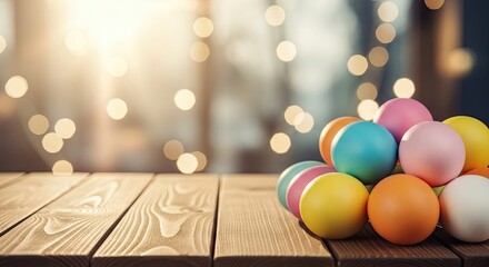 Vibrant easter eggs on wooden table celebrating easter day with colorful decorations