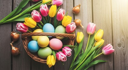 Easter day celebration with colorful eggs and tulips