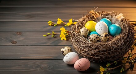 Easter day celebration with colorful eggs in a bird's nest