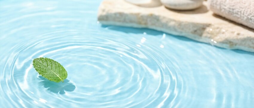 Top view of clear blue water ripples with floating mint leaf. Spa relaxation and refreshment concept. Natural wellness and hygiene theme for beauty care.