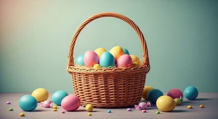 Easter day celebration with colorful eggs in a woven basket