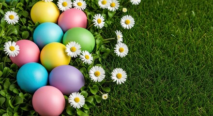 Easter day celebration with colorful eggs and flowers on green grass