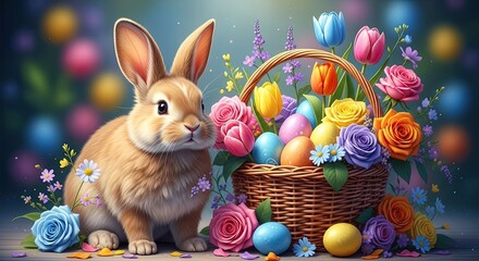 Easter day celebration with bunny and colorful eggs and tulips